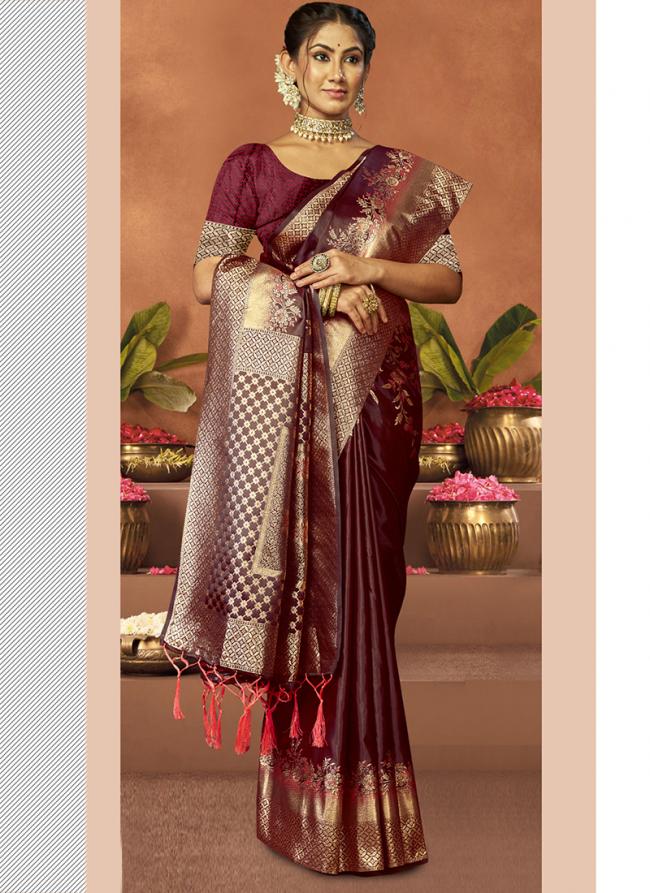 Sattin Silk Dark Pink Wedding Wear Printed Saree